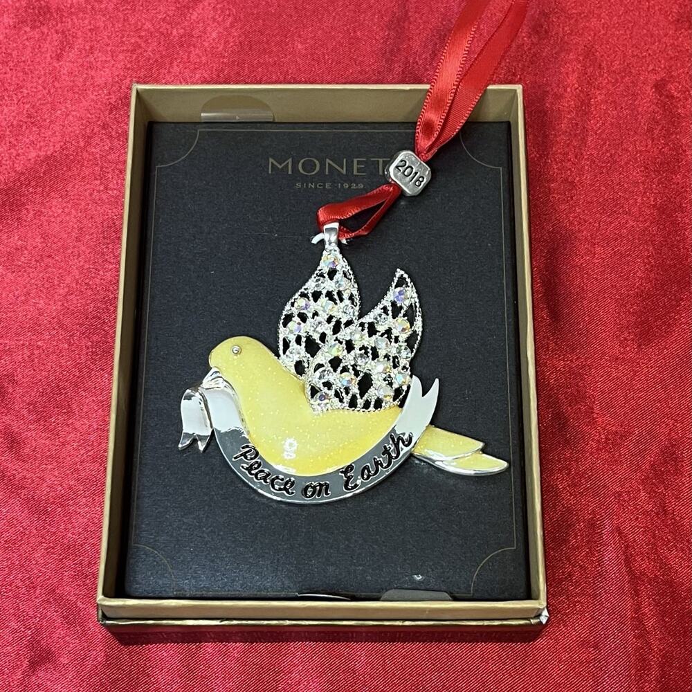 Monet Christmas Ornament Peace Yellow Dove Enameled Jeweled Boxed Gift 2018